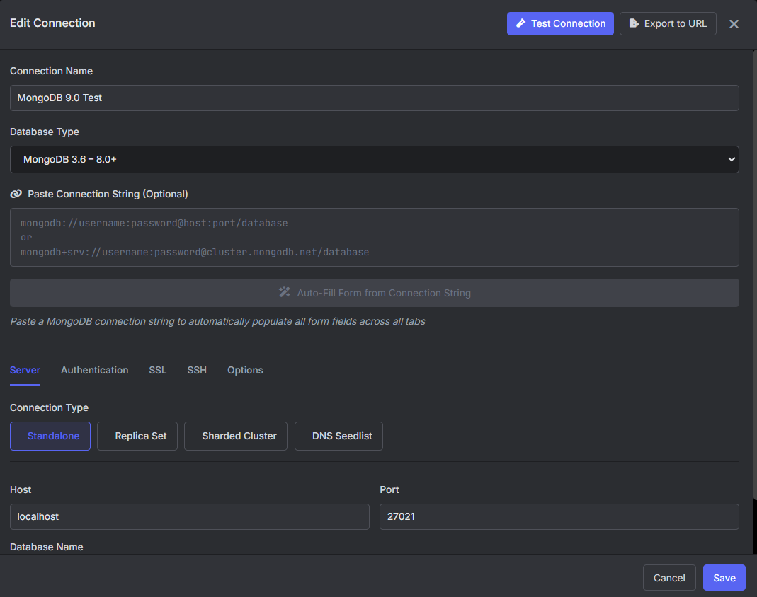 VisuaLeaf connection settings for a local MongoDB 9.0 test instance at localhost:27021.