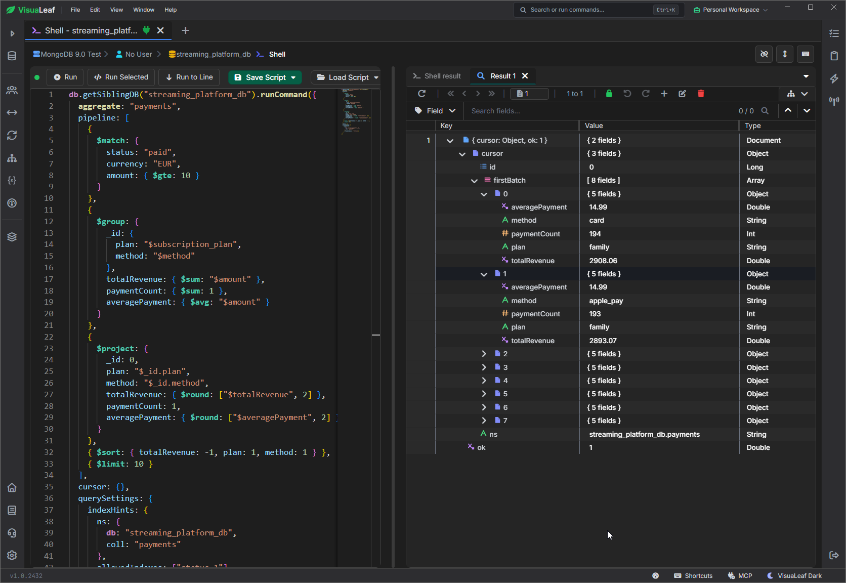 VisuaLeaf shell displaying an aggregation with per-command query settings and eight result groups for subscription plans and payment methods.