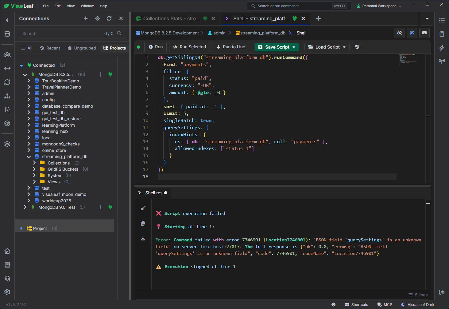 VisuaLeaf shell running a find command on MongoDB 8.2.5 and displaying an unknown-field error for querySettings.
