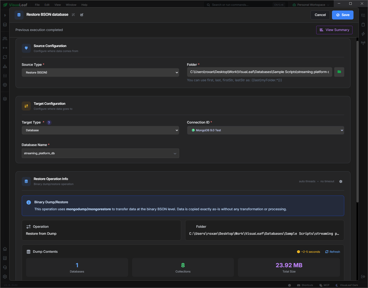 VisuaLeaf BSON restore task targeting streaming_platform_db on MongoDB 9.0, with eight collections and a 23.92 MB dump.