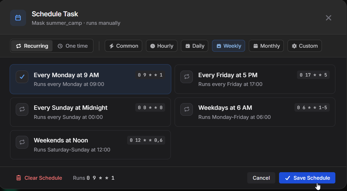 Schedule Task dialog with Weekly selected and Every Monday at 9 AM chosen