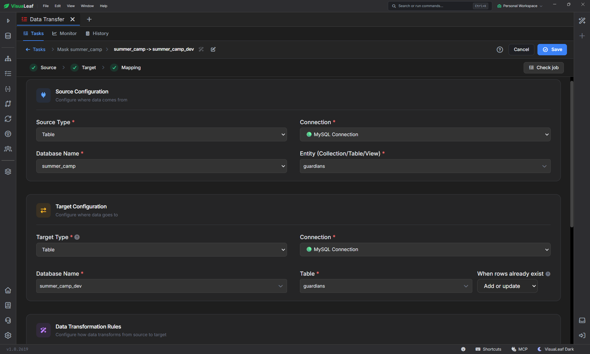 Data Transfer job copying guardians from summer_camp to summer_camp_dev