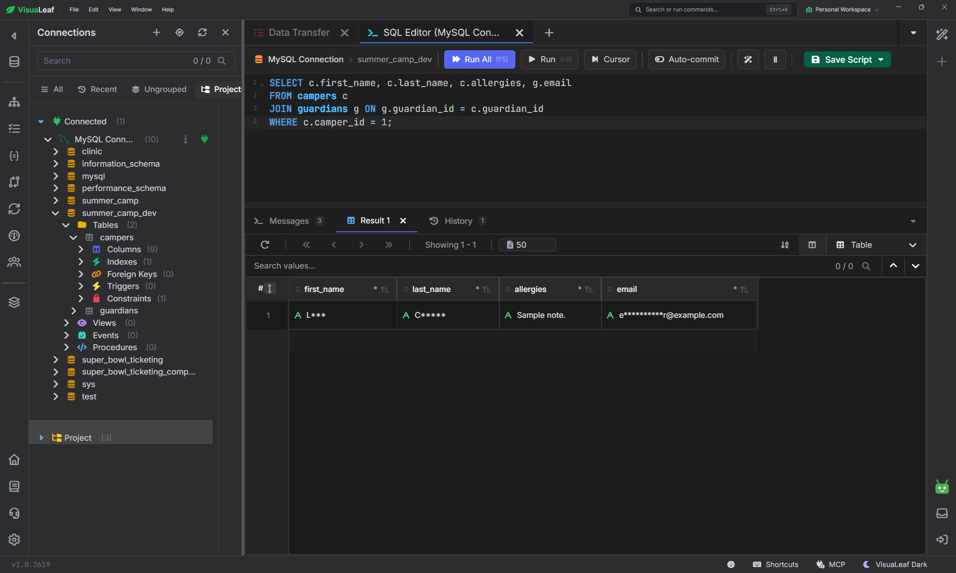 JOIN query on campers and guardians in summer_camp_dev returning masked values