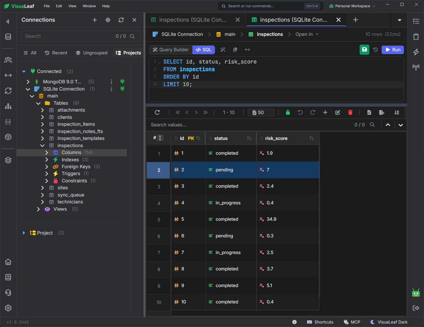 VisuaLeaf SQLite SQL Editor showing a SELECT query above ten inspection rows with id, status, and risk_score columns.