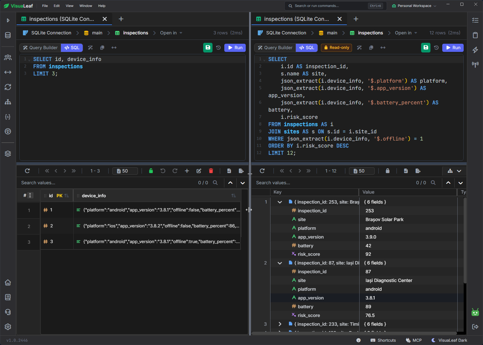 VisuaLeaf split view showing device_info JSON beside a SQLite query extracting platform, app version, and battery values for offline inspections.