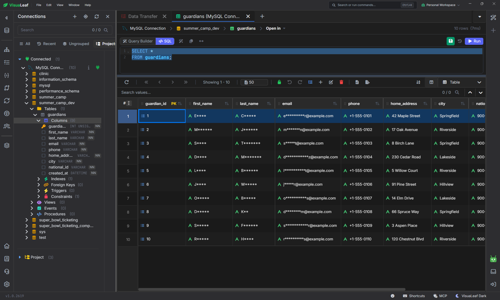 Masked guardians table in summer_camp_dev with hidden names and emails