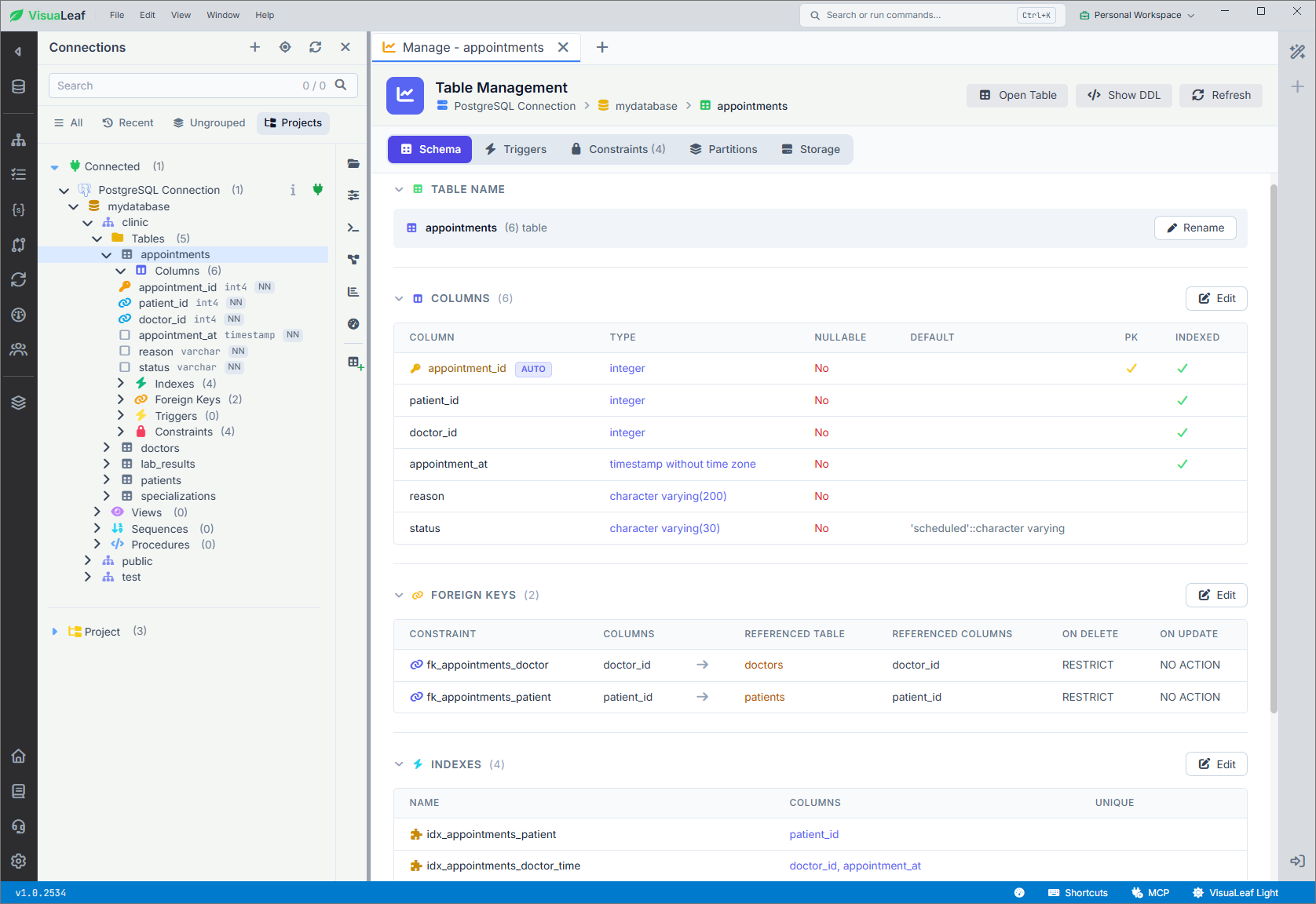 VisuaLeaf Table Management view for the clinic.appointments table in PostgreSQL, showing six columns, their data types, a primary key, and foreign keys to the patients and doctors tables.