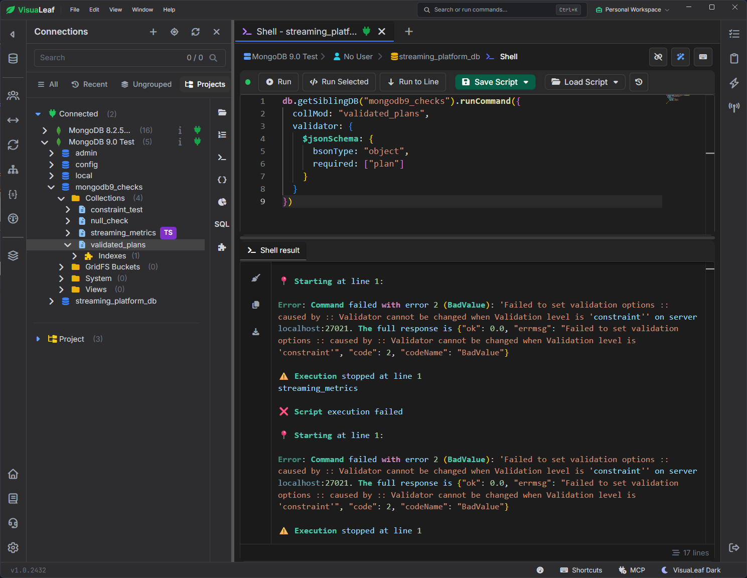 VisuaLeaf shell showing a collMod command for validated_plans and the error “Validator cannot be changed when Validation level is 'constraint'.”