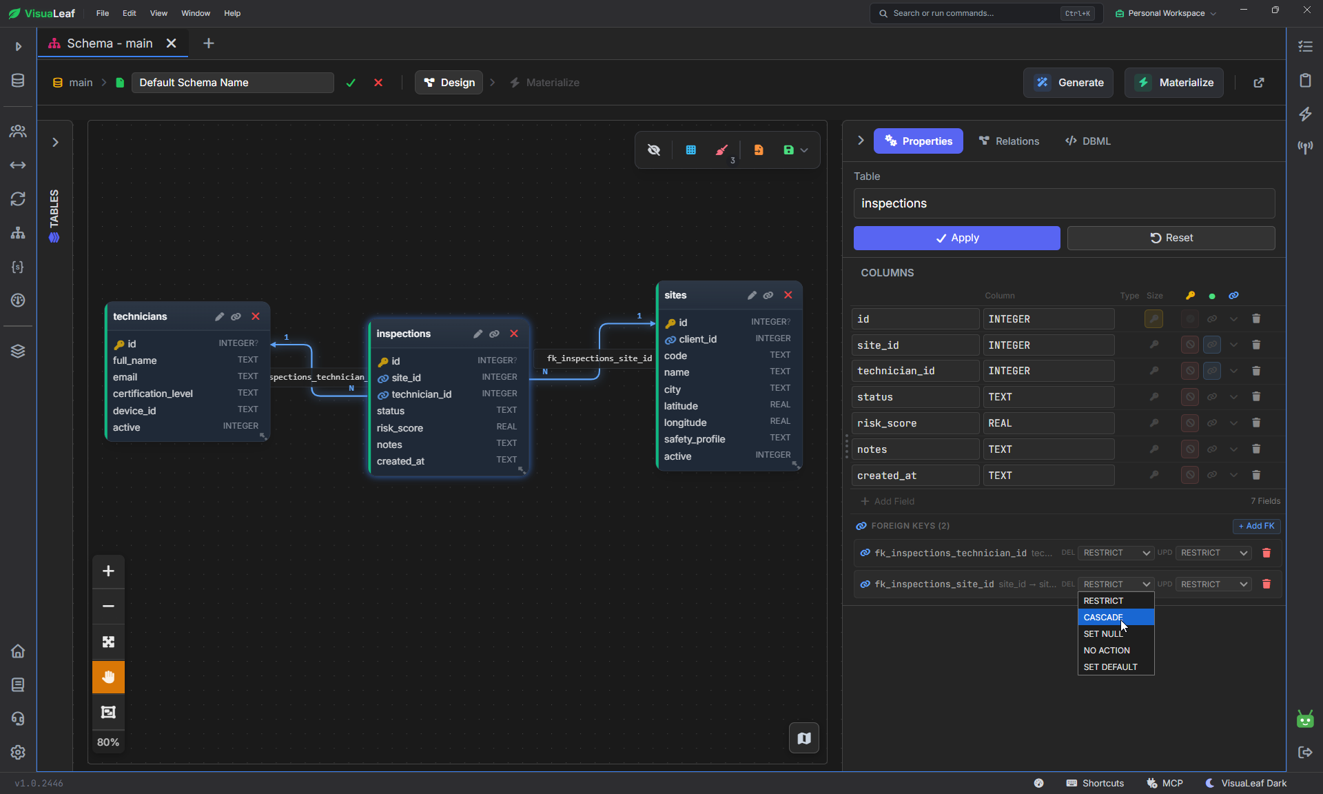 VisuaLeaf ER diagram linking inspections.site_id to sites.id and inspections.technician_id to technicians.id, with foreign key settings and an open delete-action menu.