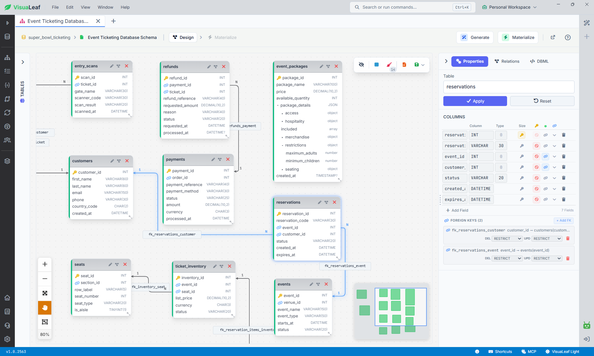 VisuaLeaf visual schema designer connected to the sample MySQL event-ticketing database.