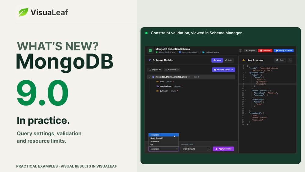 MongoDB 9.0 article cover featuring VisuaLeaf’s Schema Manager with plan and currency enum rules and the constraint validation level selected.