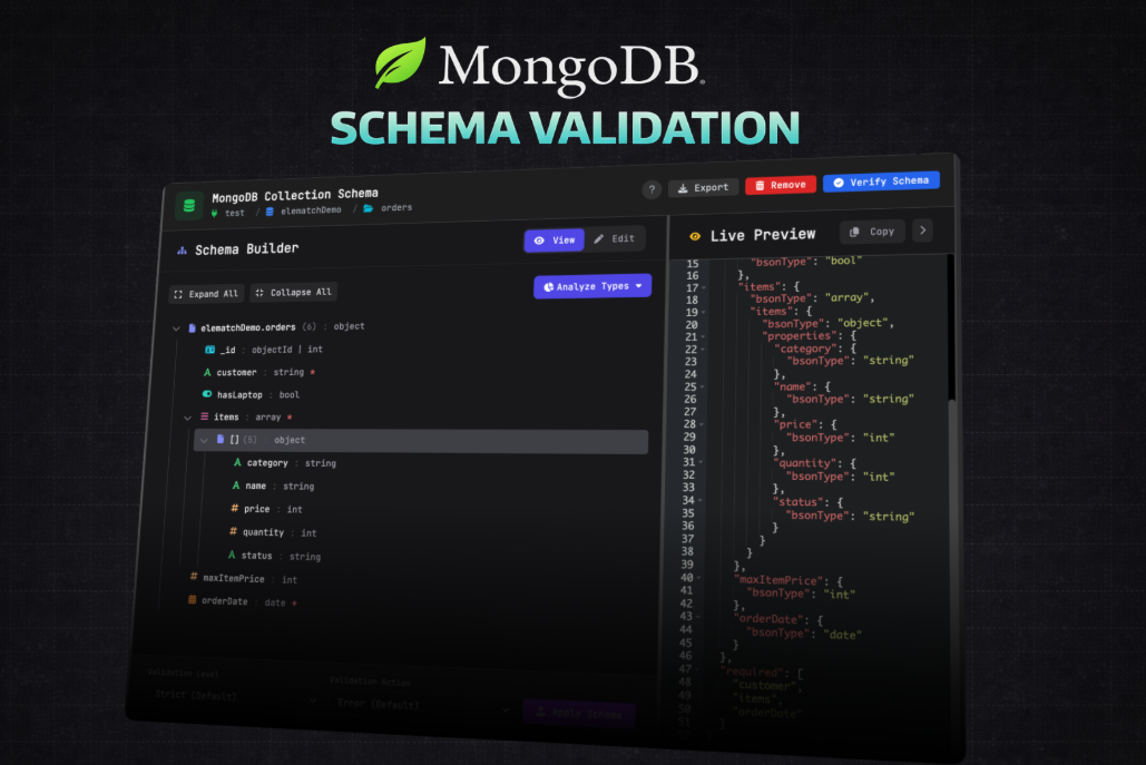 Create JSON Schema in a visual way, using VisuaLeaf - MongoDB Workspace. 