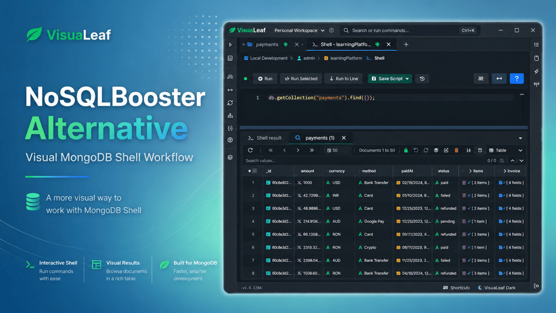 NoSQLBooster alternative cover showing VisuaLeaf MongoDB Shell with visual query results