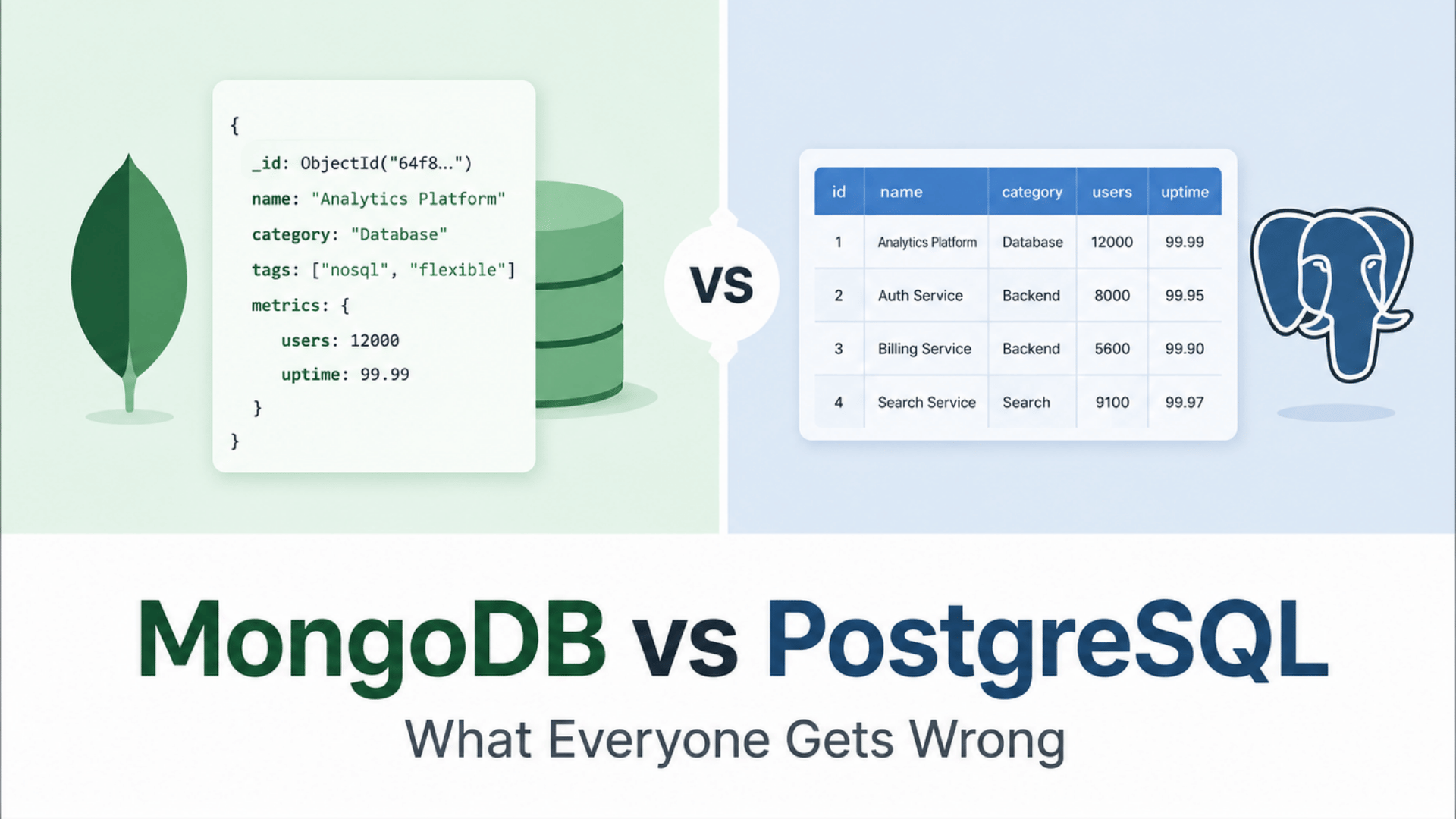 Cover image comparing MongoDB and PostgreSQL, with focus on JSONB, schemas, durability, and benchmarks.