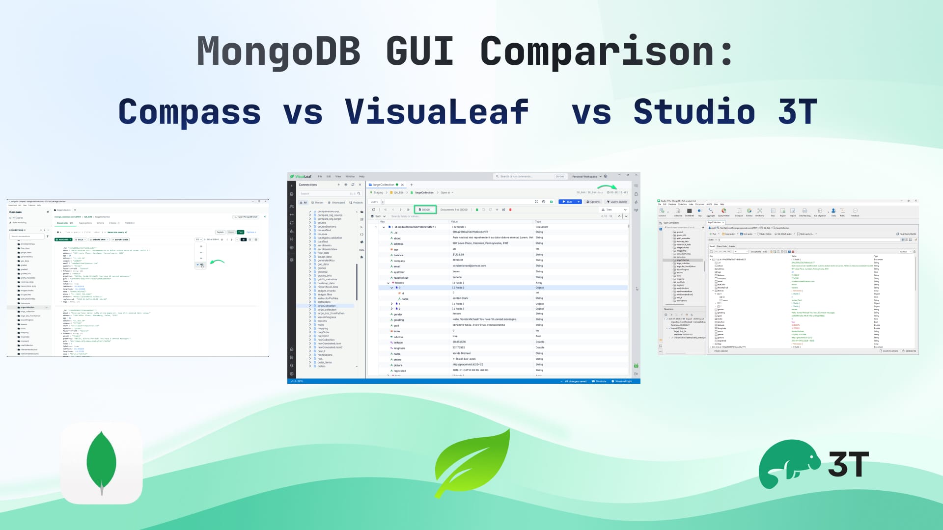 VisuaLeaf, MongoDB Compass, and Studio 3T interfaces shown side by side.