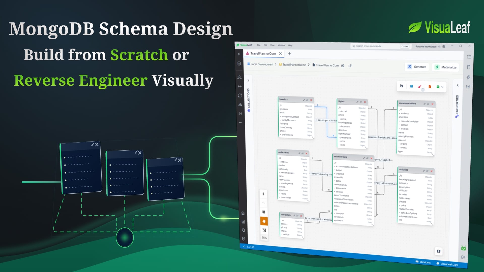 VisuaLeaf cover showing a MongoDB schema diagram with options to build from scratch or reverse-engineer an existing database.