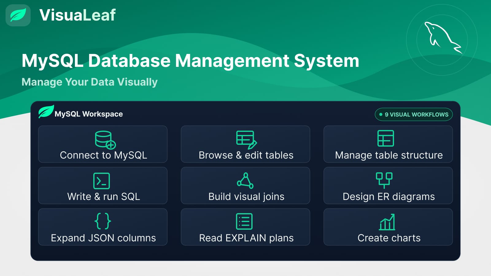 Manage MySQL visually with tools for tables, SQL, joins, ER diagrams, JSON, EXPLAIN plans, and charts.