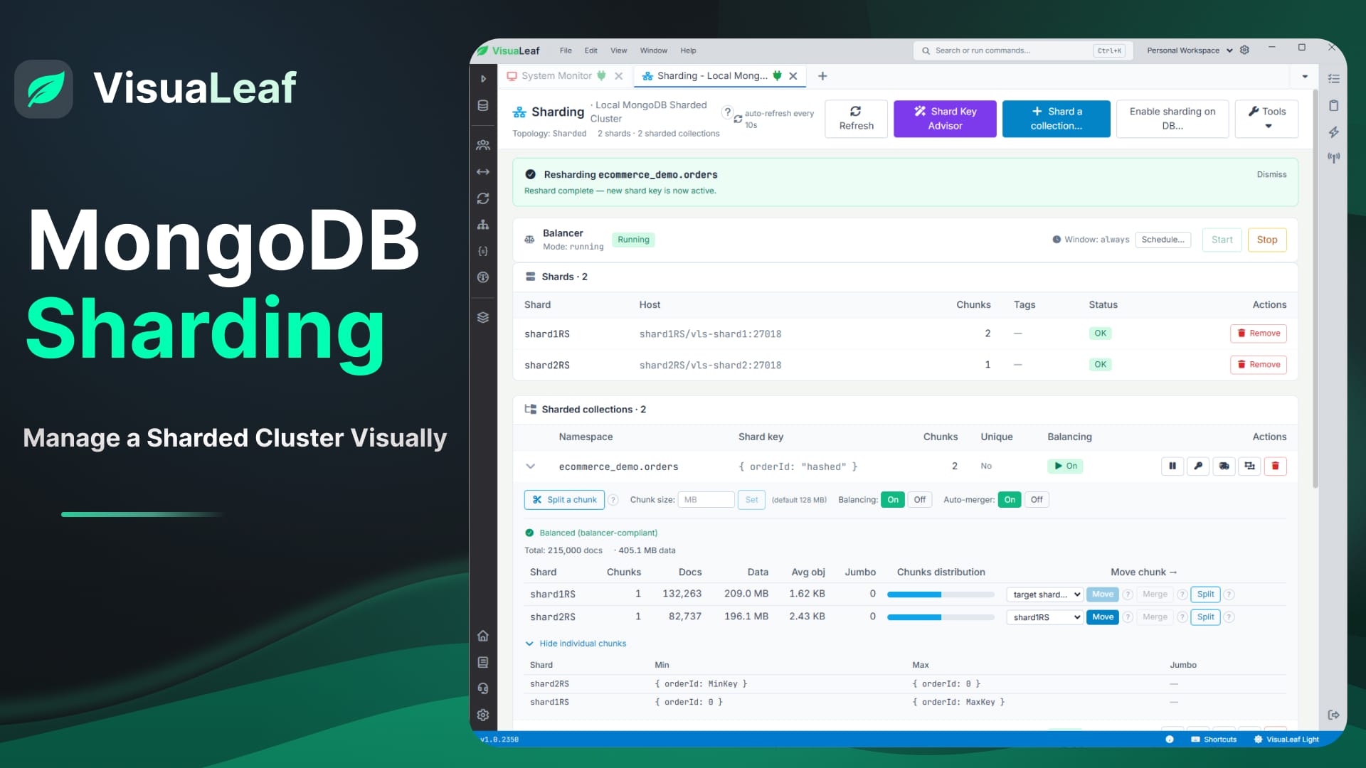 MongoDB Sharding dashboard in VisuaLeaf showing shards, balancer, shard key, and data distribution