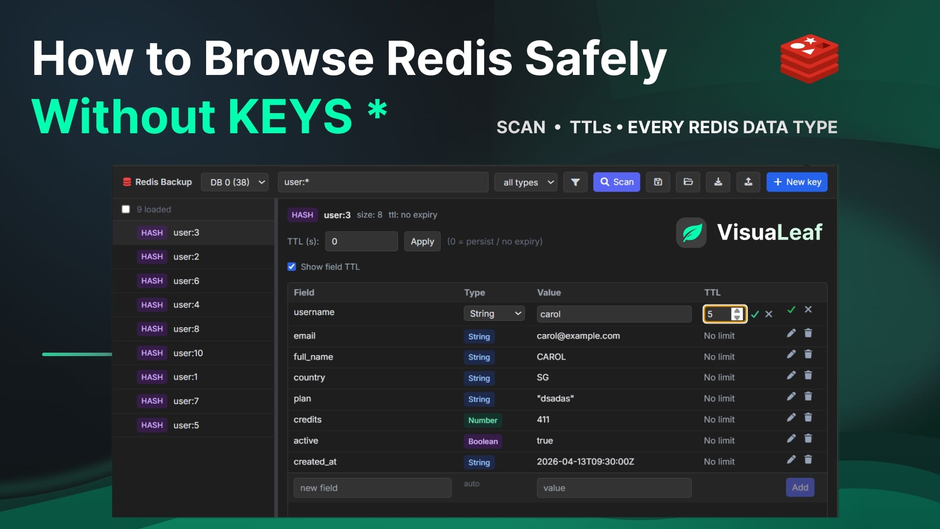 Cover for How to Browse Redis Safely Without KEYS *, showing the VisuaLeaf Redis browser with user hash keys and TTL controls.