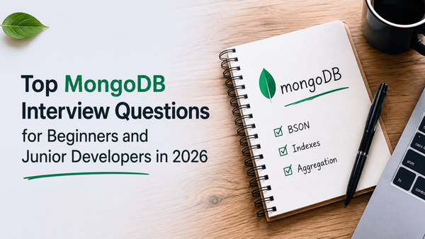 MongoDB interview questions cover image with a notebook checklist for BSON, indexes, and aggregation.