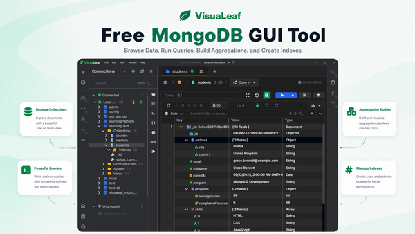 Free MongoDB GUI tool for browsing data, queries, aggregations, and indexes.