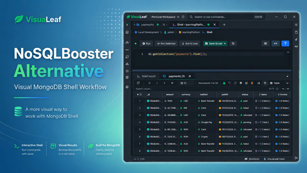 NoSQLBooster alternative cover showing VisuaLeaf MongoDB Shell with visual query results