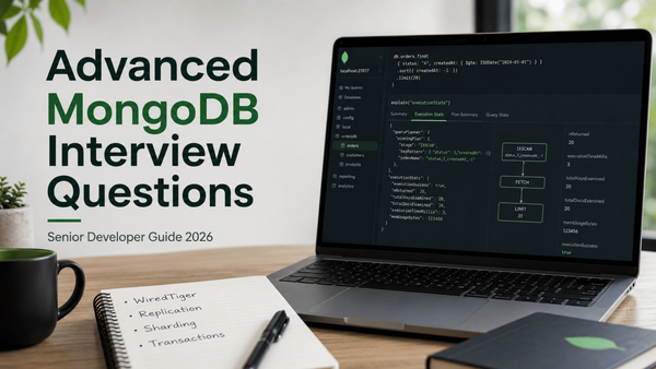 Cover image for an advanced MongoDB interview guide, showing database documents, indexes, and query performance concepts.