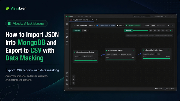 VisuaLeaf Task Manager workflow for importing JSON into MongoDB and exporting a masked CSV report.