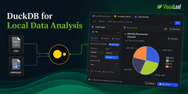 DuckDB local data analysis workflow connecting CSV and Parquet files to a VisuaLeaf revenue chart.