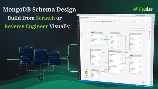 VisuaLeaf cover showing a MongoDB schema diagram with options to build from scratch or reverse-engineer an existing database.