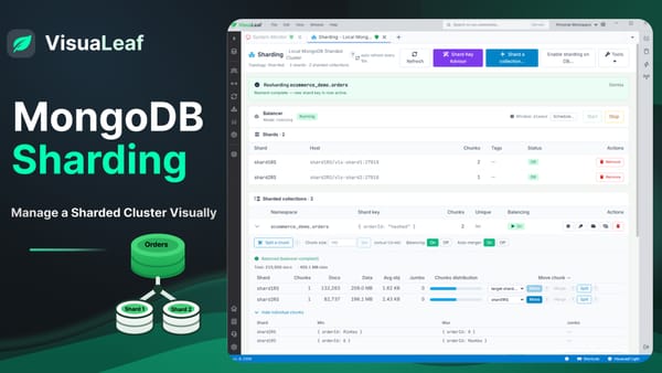 MongoDB Sharding dashboard in VisuaLeaf showing shards, balancer, shard key, and data distribution