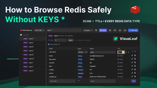 Cover for How to Browse Redis Safely Without KEYS *, showing the VisuaLeaf Redis browser with user hash keys and TTL controls.