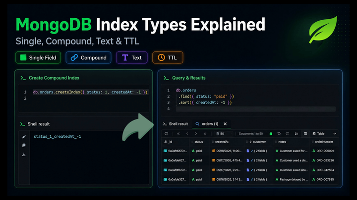 Cover image showing MongoDB index types, compound index creation, and query results in VisuaLeaf.